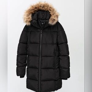 Zara Women's Black Puffer Coat with Tan Faux Fur Trim